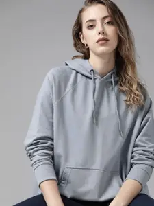 Roadster Women Blue Solid Hooded Raglan Sleeves Sweatshirt