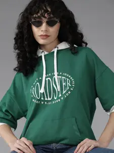 Roadster Women Green Brand Logo Printed Hooded Sweatshirt