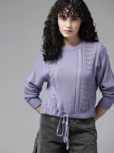 The Roadster Lifestyle Co. Women Lavender Acrylic Open Knit Pullover