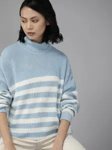The Roadster Lifestyle Co. Women Blue & White Pure Acrylic Striped Pullover