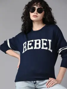 The Roadster Lifestyle Co. Women Navy Blue & White Acrylic Typography Patterned Pullover