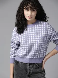 The Roadster Lifestyle Co. Women Lavender & White Acrylic Houndstooth Pattern Pullover