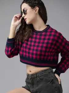 Roadster Women Navy Blue & Pink Checked Crop Pullover