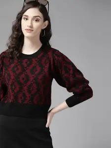 The Roadster Lifestyle Co. Women Black & Maroon Geometric Pattern Puff Sleeves Pullover