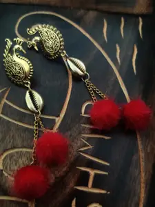Binnis Wardrobe Gold-Toned & Red Peacock Shaped Drop Earrings