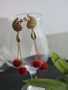 Binnis Wardrobe Gold-Toned & Red Peacock Shaped Drop Earrings