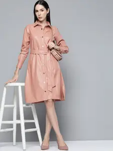 Chemistry Dusty Pink Solid Faux Leather Shirt Dress With Tie-Up Belt