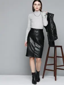 Chemistry Black Black Solid Faux Leather Pencil Skirt