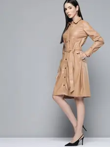 Chemistry Brown Solid Faux Leather Shirt Dress With Tie-Up Belt