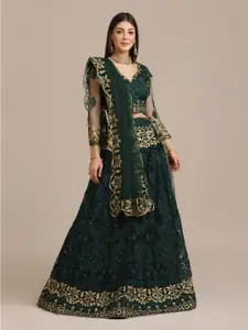 Warthy Ent Green & Gold-Toned Embellished Thread Work Semi-Stitched Lehenga & Unstitched Blouse With Dupatta