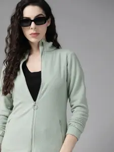 The Roadster Lifestyle Co. Women Green Solid Front-Open Sweatshirt