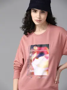 The Roadster Lifestyle Co. Women Peach-Coloured & White Graphic Printed Sweatshirt