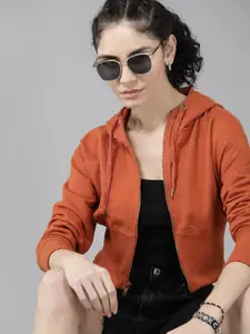 Roadster Women Rust Orange Hooded Open-Front Crop Jacket