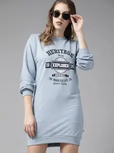 Roadster Blue Printed Shoulder Pad Sweatshirt Dress