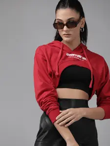 Roadster Women Red Typography Printed Hooded Super Cropped Sweatshirt