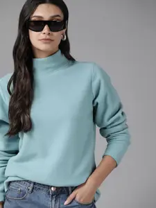 Roadster Women Blue Solid Fleece Sweatshirt
