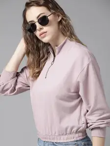 Roadster Women Lavender Solid Mock Collar Sweatshirt