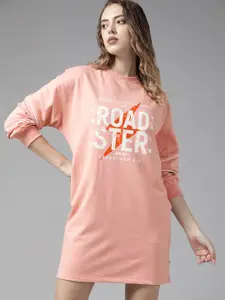 Roadster Peach-Coloured & White  Brand Logo Printed Sweatshirt Dress