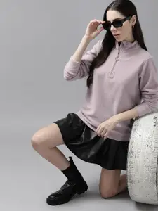 The Roadster Lifestyle Co. Women Lavender Solid Half Zipper Sweatshirt