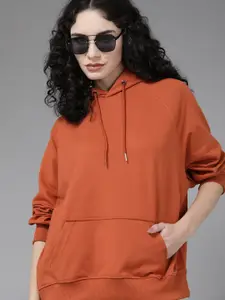 Roadster Women Orange Solid Hooded Sweatshirt