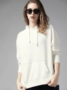 Roadster Women Off White Solid Hooded Raglan Sleeves Sweatshirt