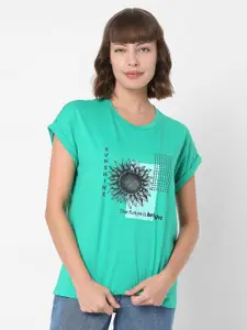 Vero Moda Women Green Printed Cap Sleeves T-shirt
