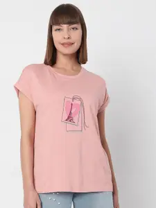Vero Moda Women Pink Typography Printed V-Neck Extended Sleeves T-shirt