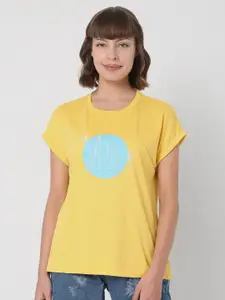 Vero Moda Women Yellow Printed Polo Collar Applique T-shirt