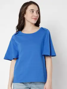 Vero Moda Women Blue Solid Dolman Sleeves Pure Cotton T-shirt