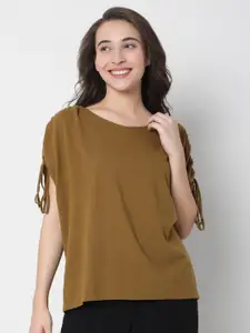 Vero Moda Women Brown Printed Drop-Shoulder Sleeves Pure Cotton T-shirt