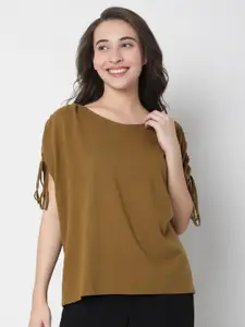 Vero Moda Women Brown Printed Drop-Shoulder Sleeves Pure Cotton T-shirt