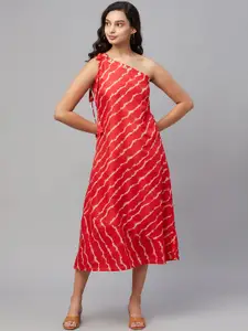 Myshka Red & Off White Striped One Shoulder Ethnic A-Line Midi Dress