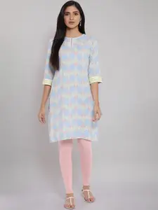 W Women Blue Ethnic Motifs Printed Keyhole Neck Chikankari Kurta