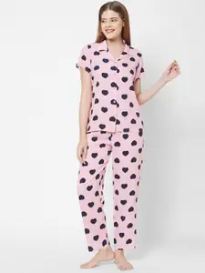 SDL by Sweet Dreams Women Peach-Coloured & Navy Blue Printed Night suit