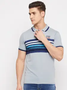 Duke Men Grey & Blue Striped Polo Collar Slim Fit T-shirt
