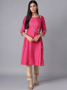 W Women Pink Floral Cold-Shoulder Sleeves Thread Work Floral Angrakha Kurta