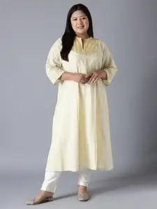 W Beige Ethnic Motifs A-Line Midi Cotton Dress