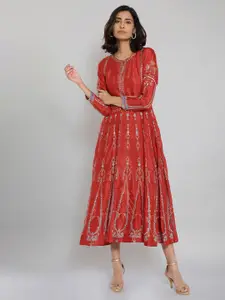 W Red Ethnic Motifs A-Line Midi Dress