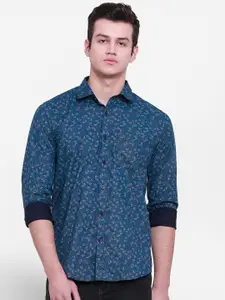 cape canary Men Blue Regular Fit Floral Printed Cotton Casual Shirt