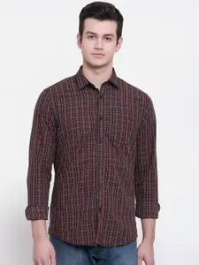 Cape Canary Men Brown & Navy Blue Checked Regular Fit Cotton Casual Shirt