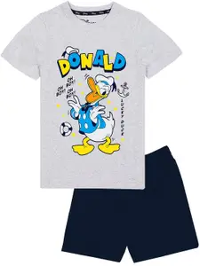 KINSEY Boys Grey Melange & Navy Blue Printed T-shirt with Shorts