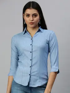 SHOWOFF Women Blue Slim Fit Vertical Striped Casual Shirt