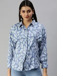 SHOWOFF Women Blue Contemporary Slim Fit Floral Printed Casual Shirt
