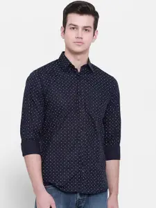 cape canary Men Navy Blue Printed Regular Fit Cotton Casual Shirt