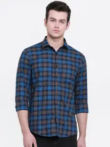 cape canary Men Blue Checked Cotton Casual Shirt