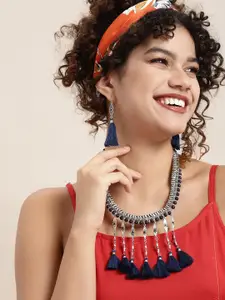 Sangria Women Navy Blue & Silver-Toned Alloy Tasselled Cord Necklace & Earrings Set