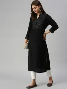 SHOWOFF Women Black Solid Mandarin collar Sequined detail Three-quarter sleeves Kurta
