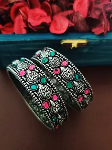 Binnis Wardrobe Set of 2 Silver-Plated Pink & Green Stone Studded Bangles