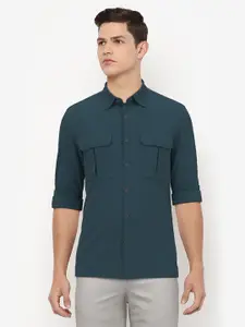 Peter England Casuals Men Teal Blue Slim Fit Casual Shirt