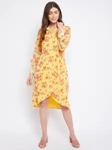 Imfashini Women Yellow Floral Georgette Shirt Dress